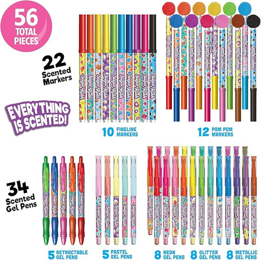 Sugar Rush Scented Pen and Marker Bundle – 56-Count Art Supplies Set with Gel Pens, Fineline Markers, Retractable Pens, and Candy Scented Markers – Non-Toxic for Kids Ages 3+