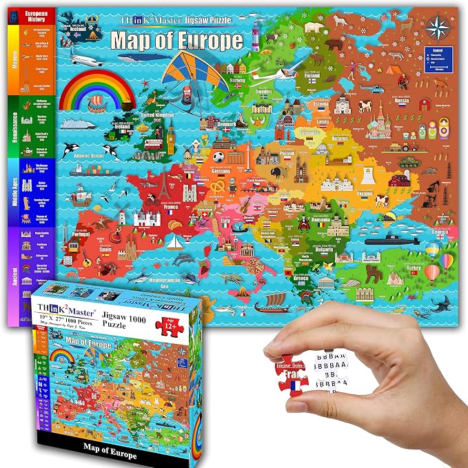 Think2Master Colorful Map of Europe 1000 Pieces Jigsaw Puzzle for 13+, Teens, Adults & Families. Great Gift for stimulating Interest in the European Map. Size: 26.8” X 18.9” by Think2Master