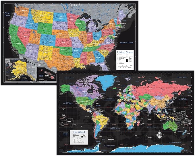 Palace Learning Laminated World Map & US Map Poster Set - 18" x 29" - Wall Chart Maps of the World & United States - Made in the USA (LAMINATED) (Black) by Palace+Learning