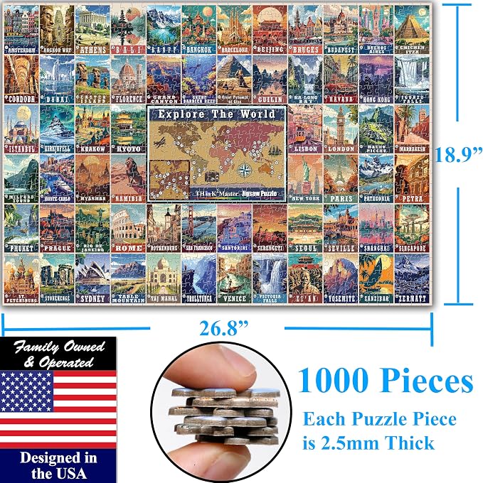 Think2Master Colorful Vintage World Travel Poster 1000 Pieces Large Format Jigsaw Puzzle for 13+, Teens, Adults & Families. Great Gift for People Wanting to Explore the World. Size: 26.8” X 18.9” - Image 6