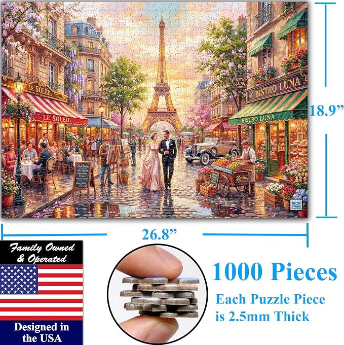 Think2Master Parisian Dream 1000 Pieces Large Format Jigsaw Puzzle: 13+, Teens, Adults & Families. Romantic European Getaway. French Cafe with Eiffel Tower at Sunset. Great Gift. Size: 26.8” X 18.9” - Image 6