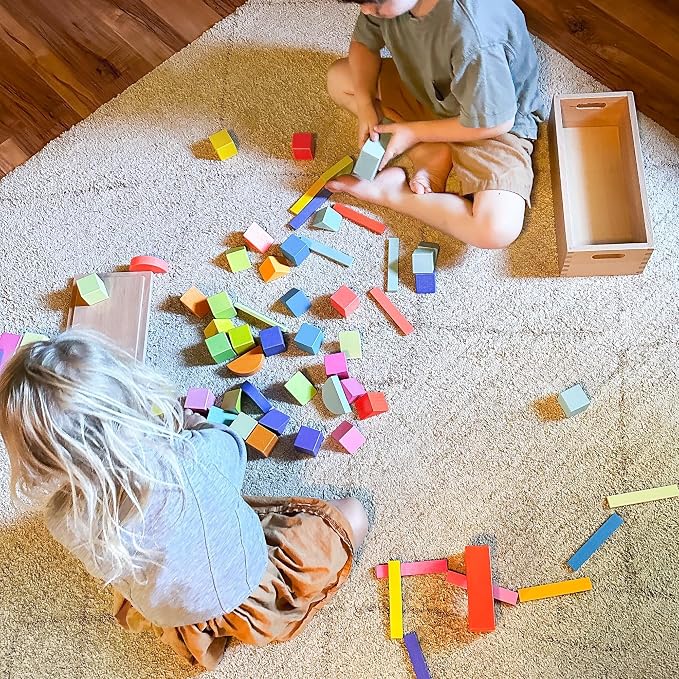 Quiggly Montessori Wooden Rainbow Building Blocks - 68 Pc STEM Toy Set - Image 4