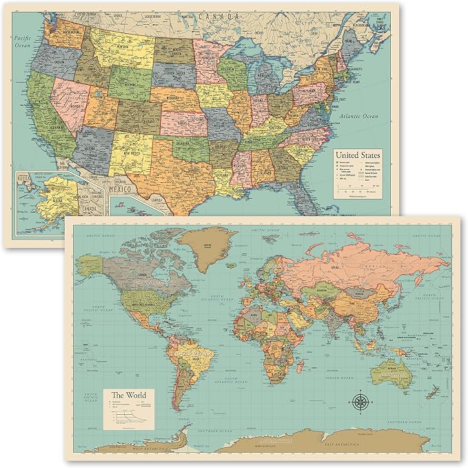 2 Pack - World Map Poster & USA Map Chart [Tan/Color] (LAMINATED, 18” x 29”) by Palace+Learning