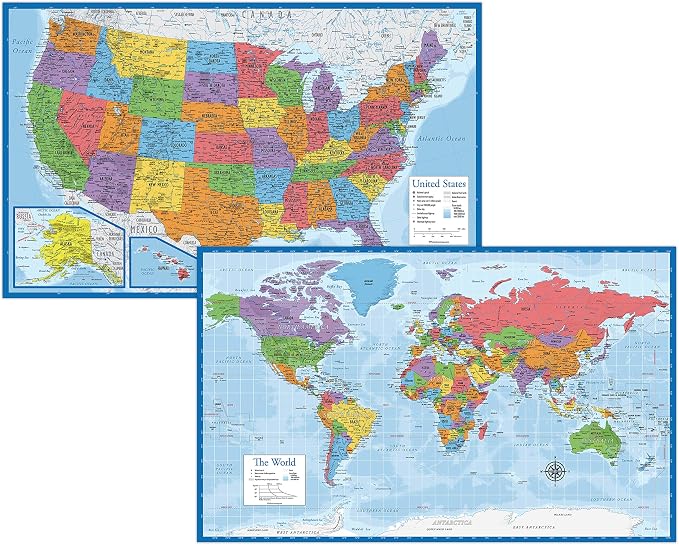 Laminated World Map & US Map Poster Set - 18" x 29" - Wall Chart Maps of the World & United States - Made in the USA - (LAMINATED, 18" x 29") by Palace+Learning