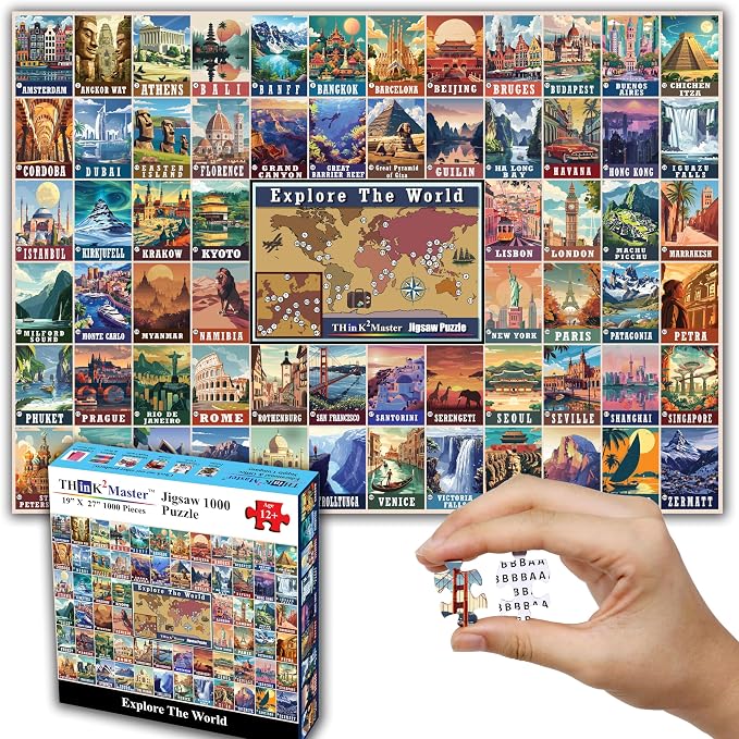 Think2Master Colorful Vintage World Travel Poster 1000 Pieces Large Format Jigsaw Puzzle for 13+, Teens, Adults & Families. Great Gift for People Wanting to Explore the World. Size: 26.8” X 18.9” by Think2Master