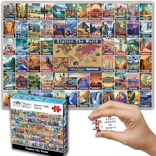 Think2Master Colorful Vintage World Travel Poster 1000 Pieces Large Format Jigsaw Puzzle for 13+, Teens, Adults & Families. Great Gift for People Wanting to Explore the World. Size: 26.8” X 18.9” by Think2Master