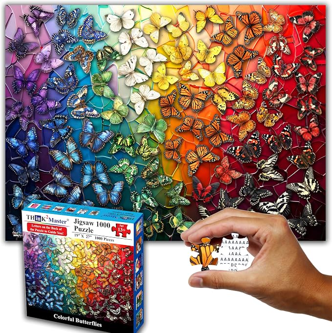 Think2Master Colorful Rainbow of Butterflies & Stained Glass 1000 Pieces Large Format Jigsaw Puzzle for 13+, Teens, Adults & Families. Beautiful Vibrant Illustration Artwork Size: 26.8” X 18.9” by Think2Master